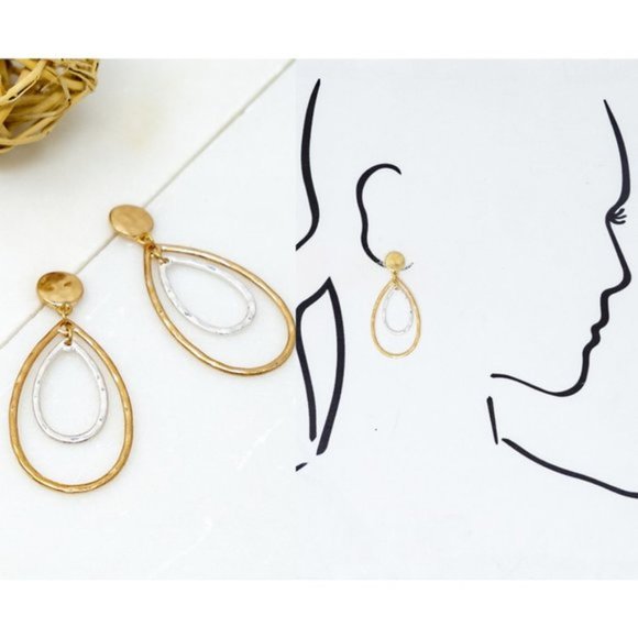 Gold Silver Mix Hammer Tear Drop Dangle Earring - Picture 3 of 6